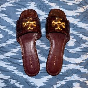 Tory Burch Croc-Embossed Brown Sandals with Gold Logo